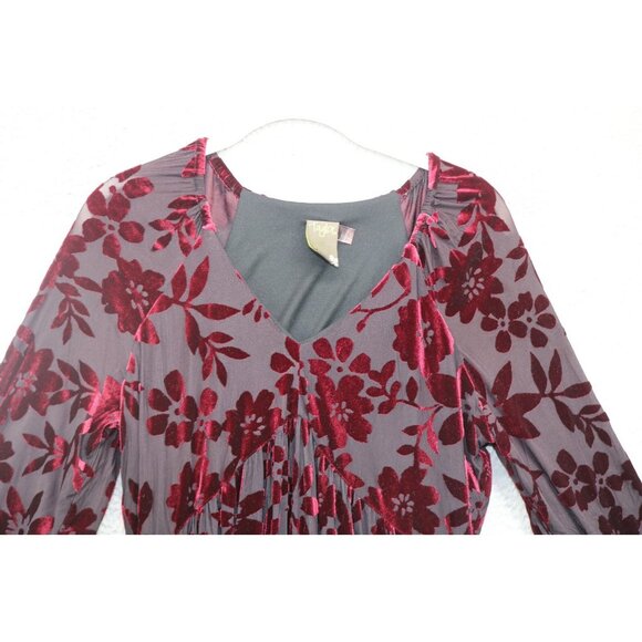 Taylor Burgundy Velvet Burnout-3/4 Puff Sleeves Babydoll Dress-Size 8-Whimsigoth - Picture 6 of 12